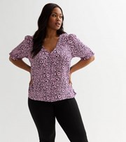 New Look Curves Purple Floral Doodle Print Puff Sleeve Blouse